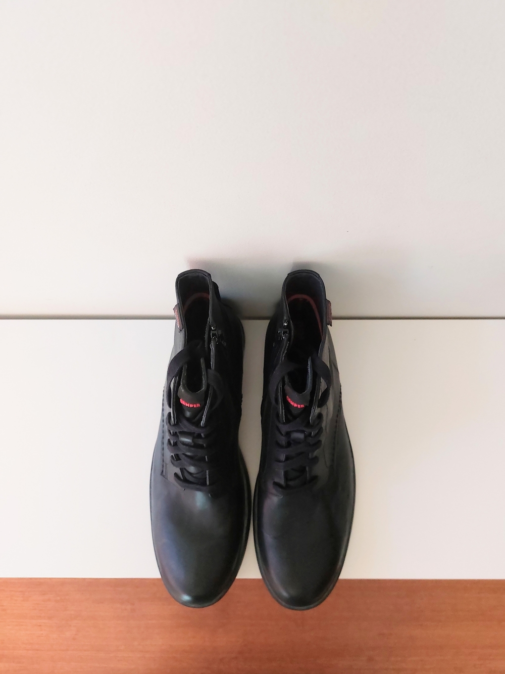 Camper Black Leather Women's Ankle Boots with Subtle Red Trim